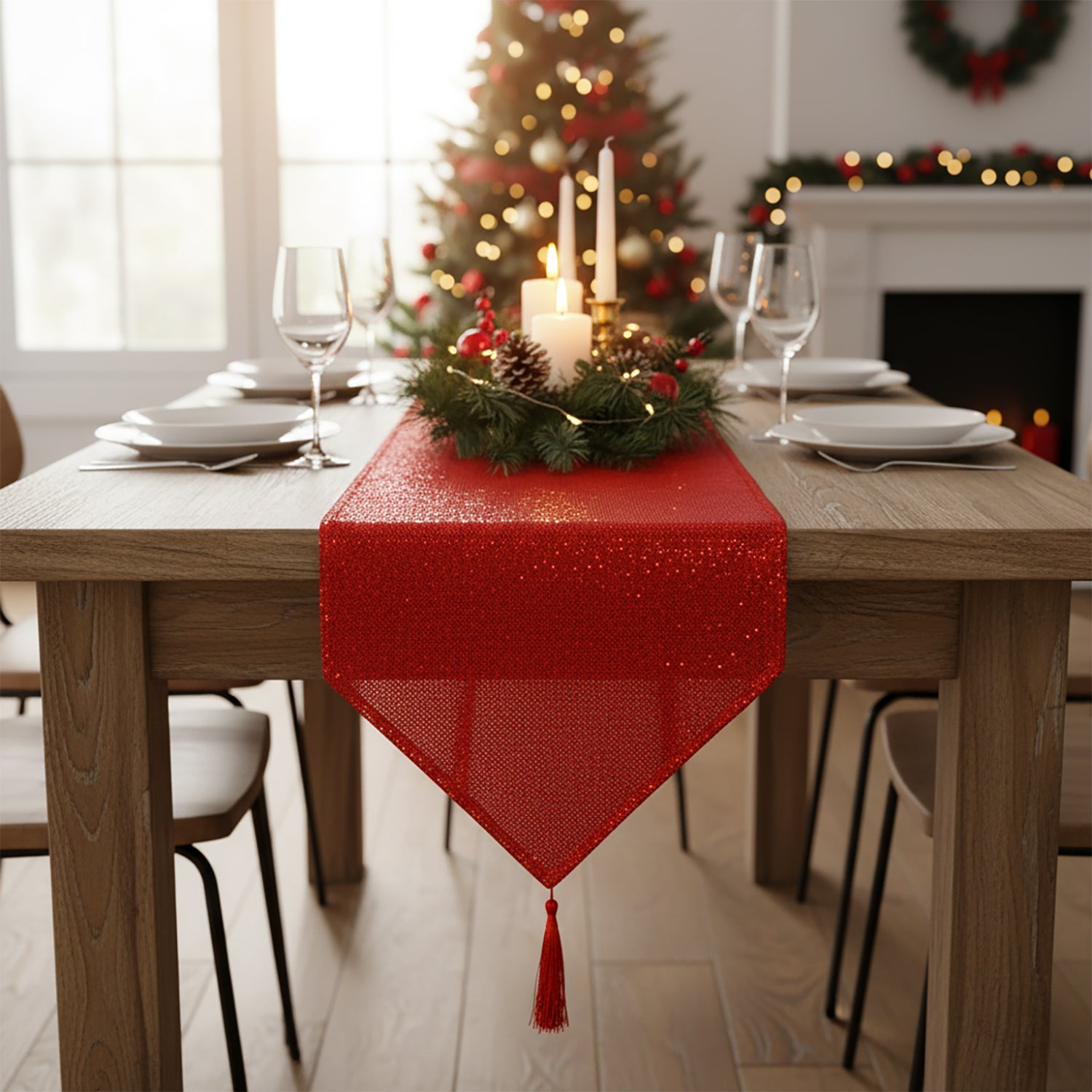 VESTIAMO CASA GRAN NATALE - Runner da Tavola Natalizio Rosso con Nappine 32x180 cm